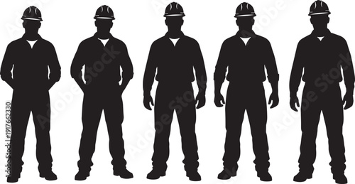 Silhouetted construction workers wearing hard hats and uniforms, standing side by workforce unity, safety, professionalism, and industrial labor in building and infrastructure projects