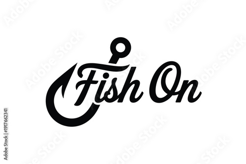 Black and white stylized calligraphy of fish on with a fishing hook
