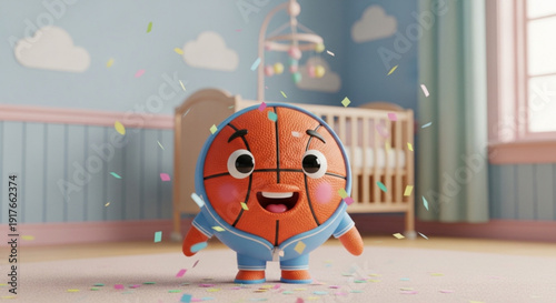 Happy Cartoon Basketball Character in Nursery Room with Confetti