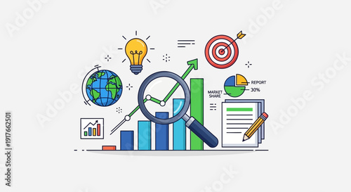 Business and financial growth illustrated with charts magnifying glass and concepts