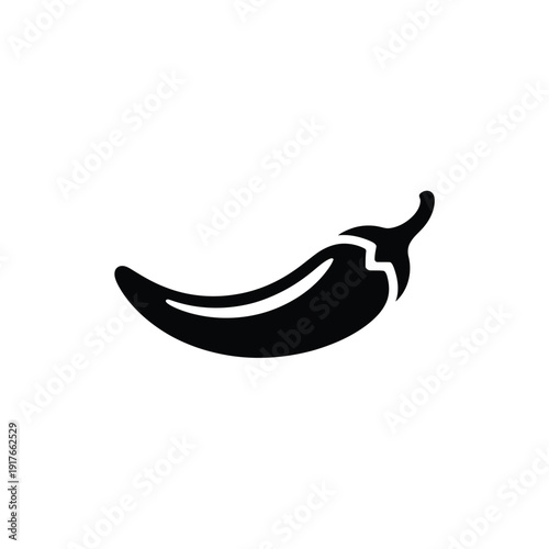 A simple black silhouette of a single curved chili pepper on white