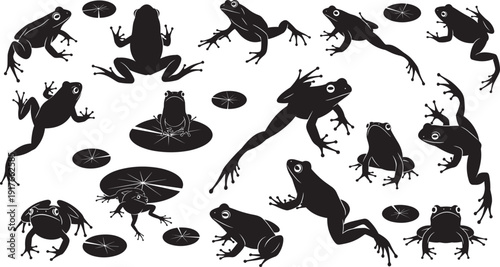 Silhouetted frogs in various poses with lily pads, including sitting, leaping, and crouching positions, showcasing artistic representation of amphibian behavior and nature design