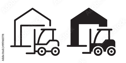 Warehouse forklift icon. Representing storage, logistics, cargo movement, and industrial transport. Includes line and solid icons.