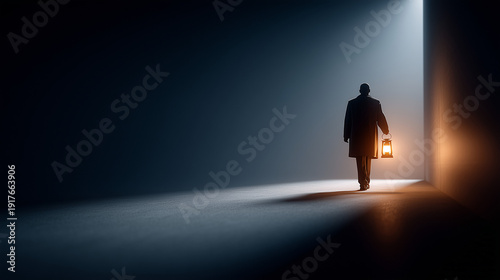 Man's Quest for Enlightenment: A solitary figure, shrouded in darkness, advances towards a radiant light source, clutching a lantern as a symbol of hope and enlightenment.