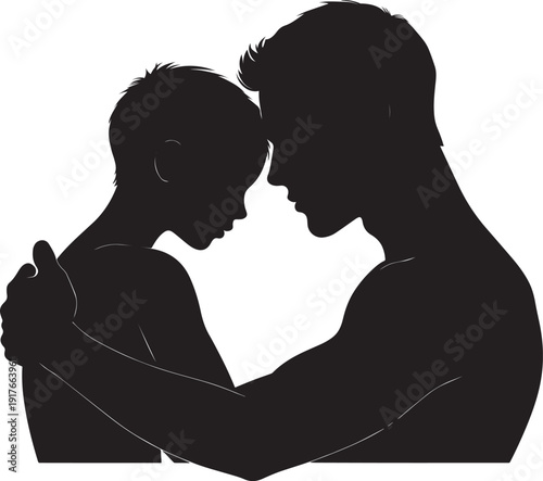 Silhouette of a man and a boy touching foreheads together in a loving gesture