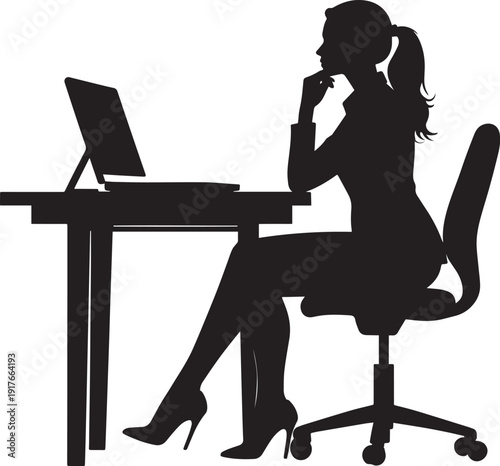 Silhouette of a woman sitting at a desk with a laptop