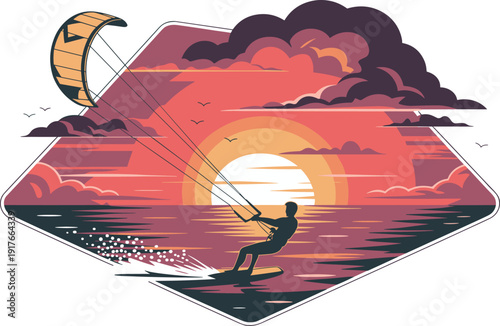 Kiteboarding silhouette at ocean sunset with dramatic clouds and vibrant sky, extreme water sport digital illustration artwork