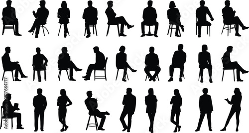 Business people silhouette set, men and women sitting and standing on chairs isolated on white background collection