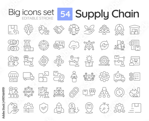 Supply chain line icons set. Business processes, logistics management. ERP system, resource planning. Isolated vector outline illustrations. Thin lineart iconset symbols. Editable stroke