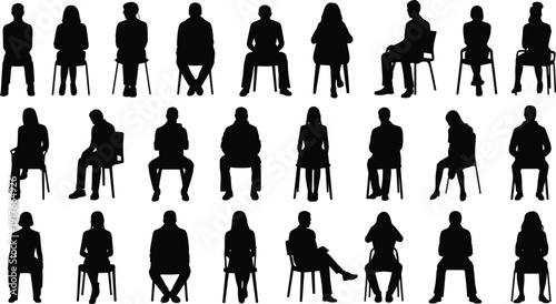 Business people sitting silhouettes collection, men and women seated on chairs isolated on white background professional set