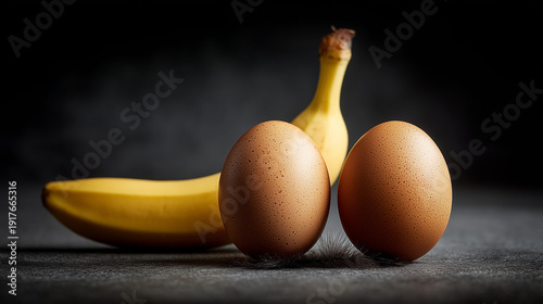 Banana and Egg: The image shows a vibrant yellow banana standing alongside two pristine brown eggs, set against a dark, contrasting backdrop.