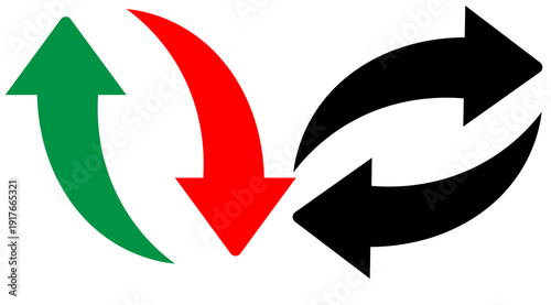 Three curved arrows on a white background signify movement or direction. The green arrow points upward, the red arrow points downward, and the black arrow points to the right