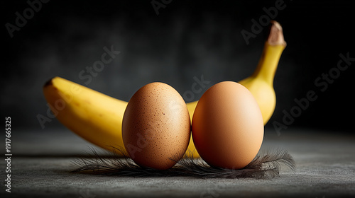 Eggs and Banana: The perfect composition of fresh, ripe banana and brown eggs is set against a contrasting background, highlighting simplicity and nature.