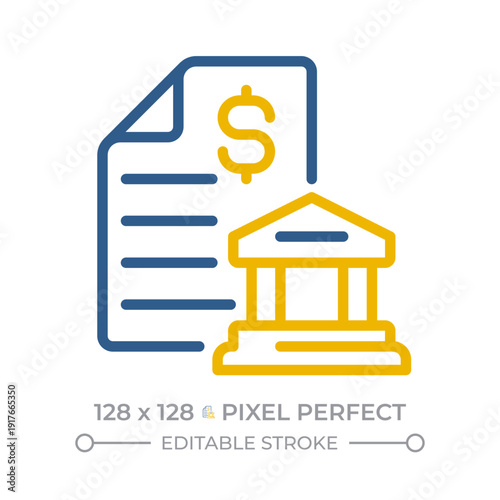 Bank reconciliation pixel perfect two color line icon. Account statement. Audit of financial facility activity bicolor outline iconset isolated. Duotone pictograms thin linear. Editable stroke