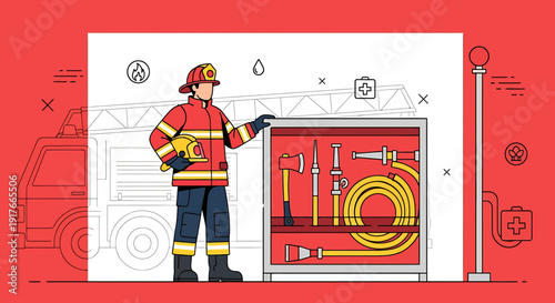 Firefighter with Equipment Cabinet and Fire Truck