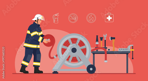 Firefighter with Hose and Tools - Safety and Emergency Response Equipment
