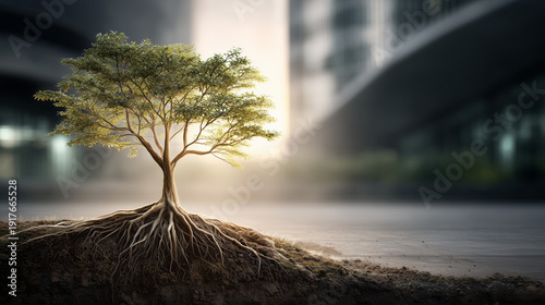 Urban Oasis: A resilient tree, its roots anchoring it in the heart of a bustling cityscape, embodies the tenacious spirit of life amid modernity. The sunlight cascades.