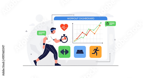 Fitness Tracker App Interface: Man Running, Heart Rate, Stopwatch, and Progress Chart