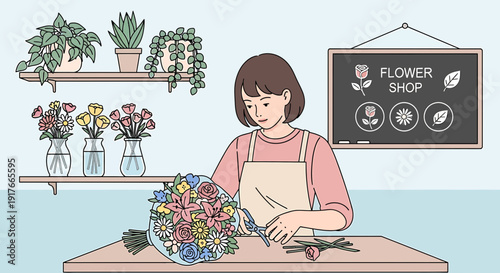 Florist arranging bouquet in shop, hands crafting floral arrangement with flowers