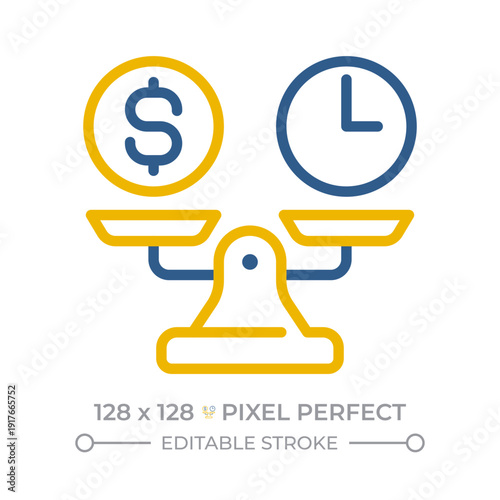 Break even point pixel perfect two color line icon. Sales volume and revenue level balance. Financial calculation bicolor outline iconset isolated. Duotone pictograms thin linear. Editable stroke