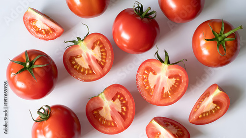 Fresh tomatoes and tomato halves on a white surface