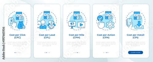 Marketing budget control blue onboarding mobile app screen. Walkthrough 5 steps editable graphic instructions with linear concepts. UI, UX, GUI. Montserrat SemiBold, Regular fonts used