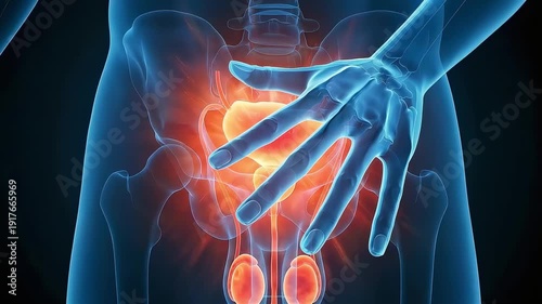 Medical video visualizing inflammation of the prostate and bladder, and pain in the male genitals using 3DCG