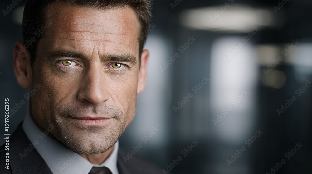 Fototapeta premium Focused Entrepreneur's Gaze: A confident businessperson's gaze pierces through the lens, capturing an aura of business acumen, and experience. Reflecting authority and unwavering determination.