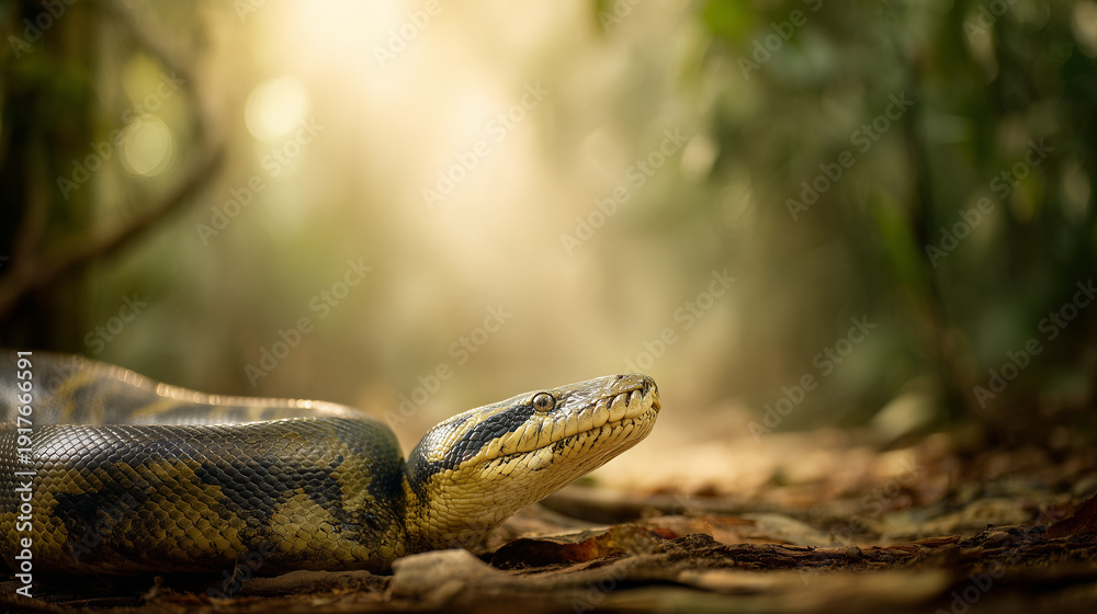 Fototapeta premium Emerald Embrace: A magnificent snake slithers through a verdant jungle landscape, its scales shimmering with a captivating array of hues.