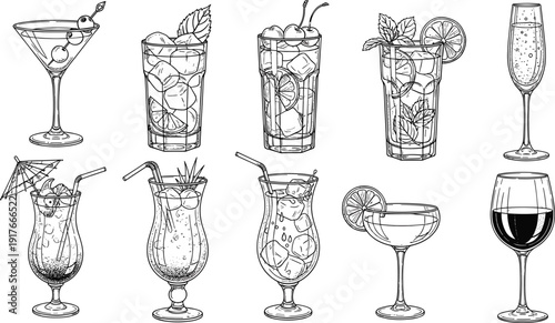 Black and white hand drawn vector sketch set of diverse alcoholic cocktails wine and champagne for bar menu restaurant drinks and party celebration branding