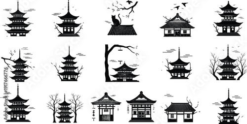 Black vector silhouette set of repeating lotus flower patterns and floral horizontal borders for traditional Indian decoration spa wellness and elegant nature branding