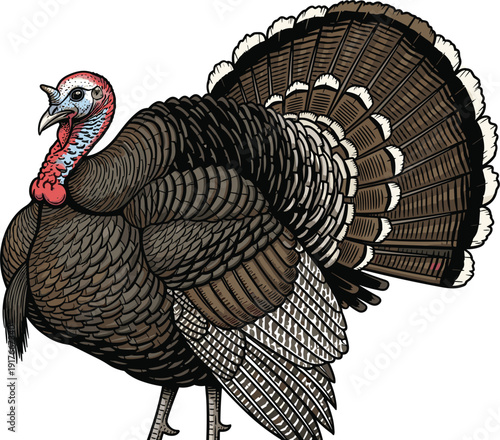 Hand drawn detailed illustration of a male wild turkey with fan tail feathers isolated on white background for Thanksgiving autumn and farm designs