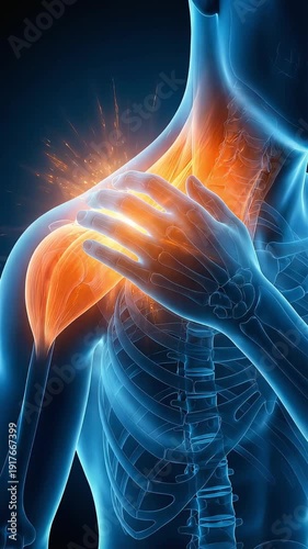 3DCG visualization of stiff shoulders and neck inflammation. Explanation of the mechanism behind severe pain and stiffness (vertical video)