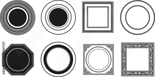 Set of black and white vector illustrations featuring various plates and decorative frames in circular square and octagonal shapes for elegant dining design projects