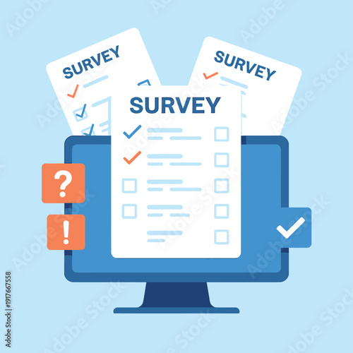 Online surveys displayed on a computer screen with checkmarks and question marks