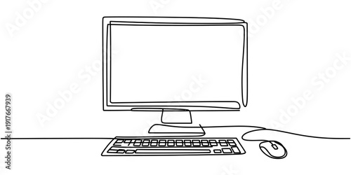 Continuous line drawing of a desktop computer with a monitor keyboard and mouse on a desk
