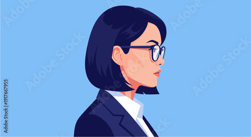 Professional woman with short dark hair and glasses, wearing a business suit, depicted in a stylish vector illustration on a blue background.
