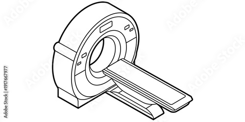 Black and white line drawing of a medical computed tomography or magnetic resonance imaging scanner.