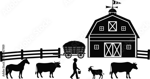 Set of black farm silhouettes featuring a wooden barn with weather vane farmer livestock cows horse goat and hay wagon isolated on white background