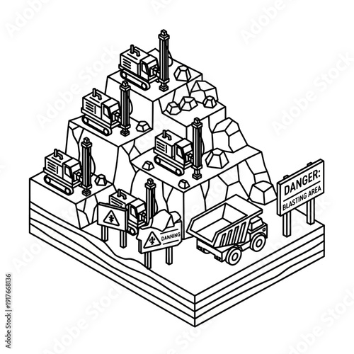 Isometric illustration of an industrial mining site with machinery and warning signs.
