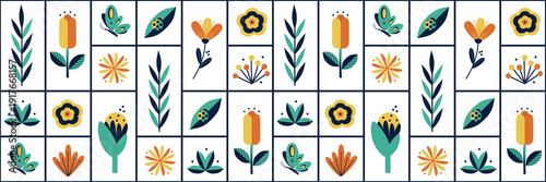 seamless pattern of flowers, leaves, branch simple shapes. trendy botanical collection in linear style. natural background in retro style. for print, banner, postcard, paper png art illustration