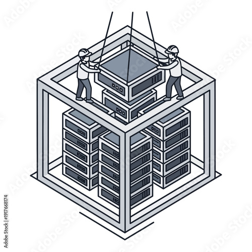 Isometric illustration of data center with workers installing server.