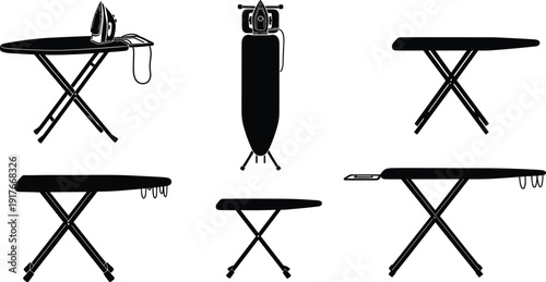 Set of black ironing board silhouettes including different folding positions with iron and laundry rack elements isolated on white background for household housework design