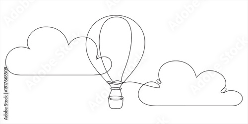 Minimalist continuous line drawing of a hot air balloon floating among fluffy clouds Vector, illustration
