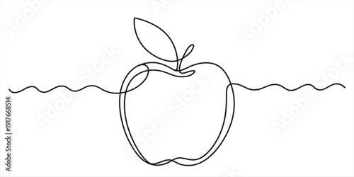 Minimalist continuous line drawing of a fresh apple with a leaf on a white background. Vector, illustration