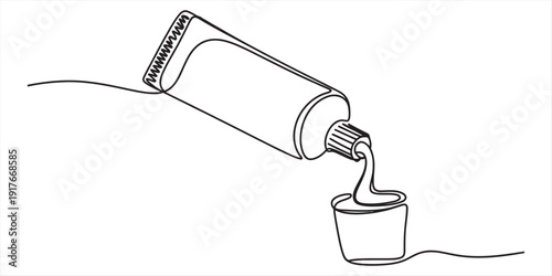 Black and white continuous line drawing of a tube squeezing content into a small cup Vector, illustration