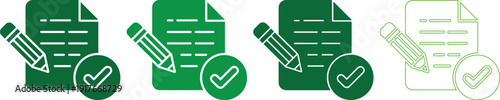 Green and white document approval icons with pencil and checkmark on transparent background