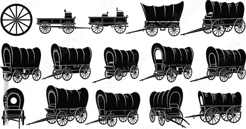Set of black silhouette covered wagons stagecoaches and wooden wheels representing pioneer western transportation and wild west history isolated on white background for graphic design