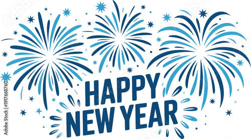 A festive graphic design celebrating the start of a new year with fireworks and text