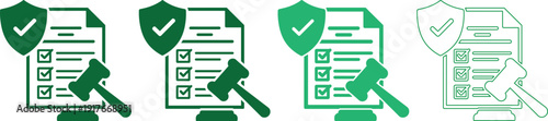 Set of green law icons with shield gavel and checklist on transparent background